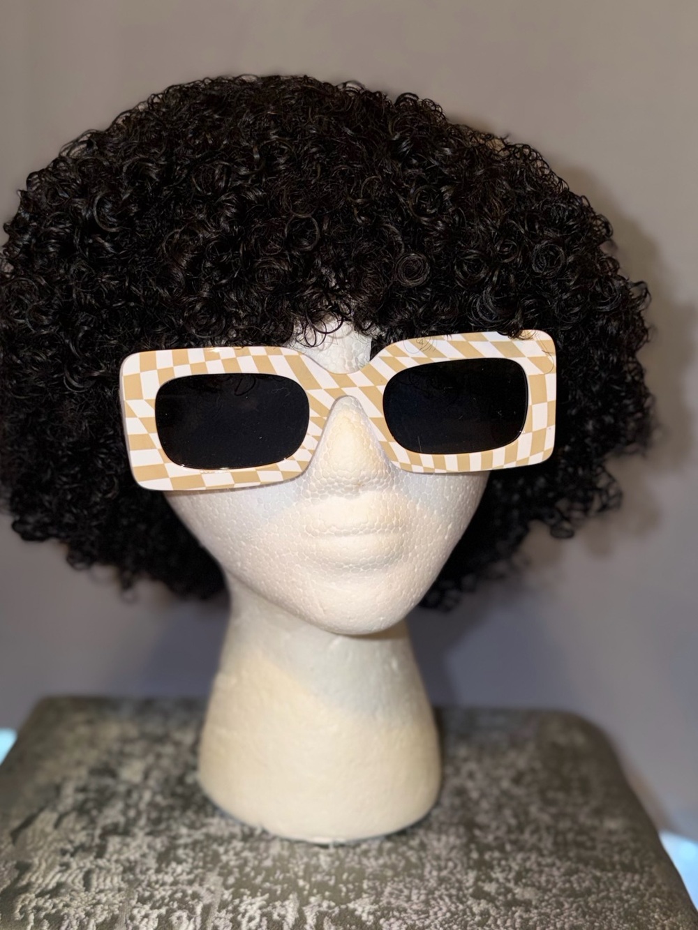 Checkerboard Rectangle Sunglasses - Beige/White